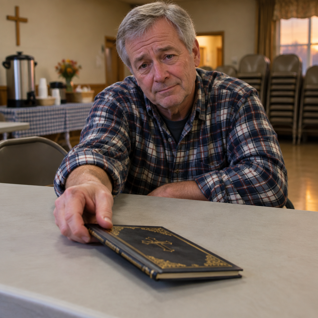 Man at a church table sliding a slim hardcover book toward the camera