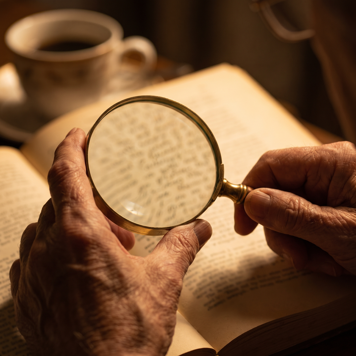 Hands holding a magnifying glass over dense tiny print