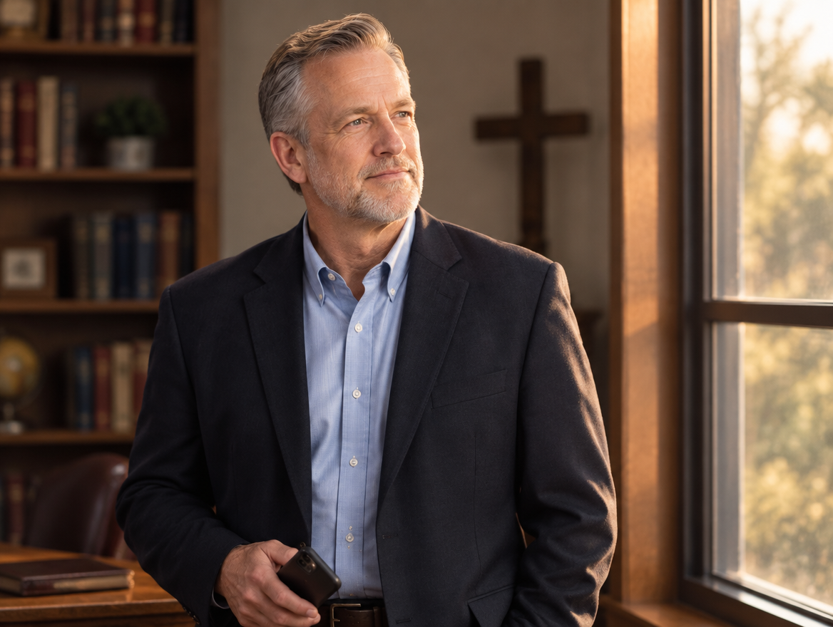 Pastor alone at his office window in late afternoon light