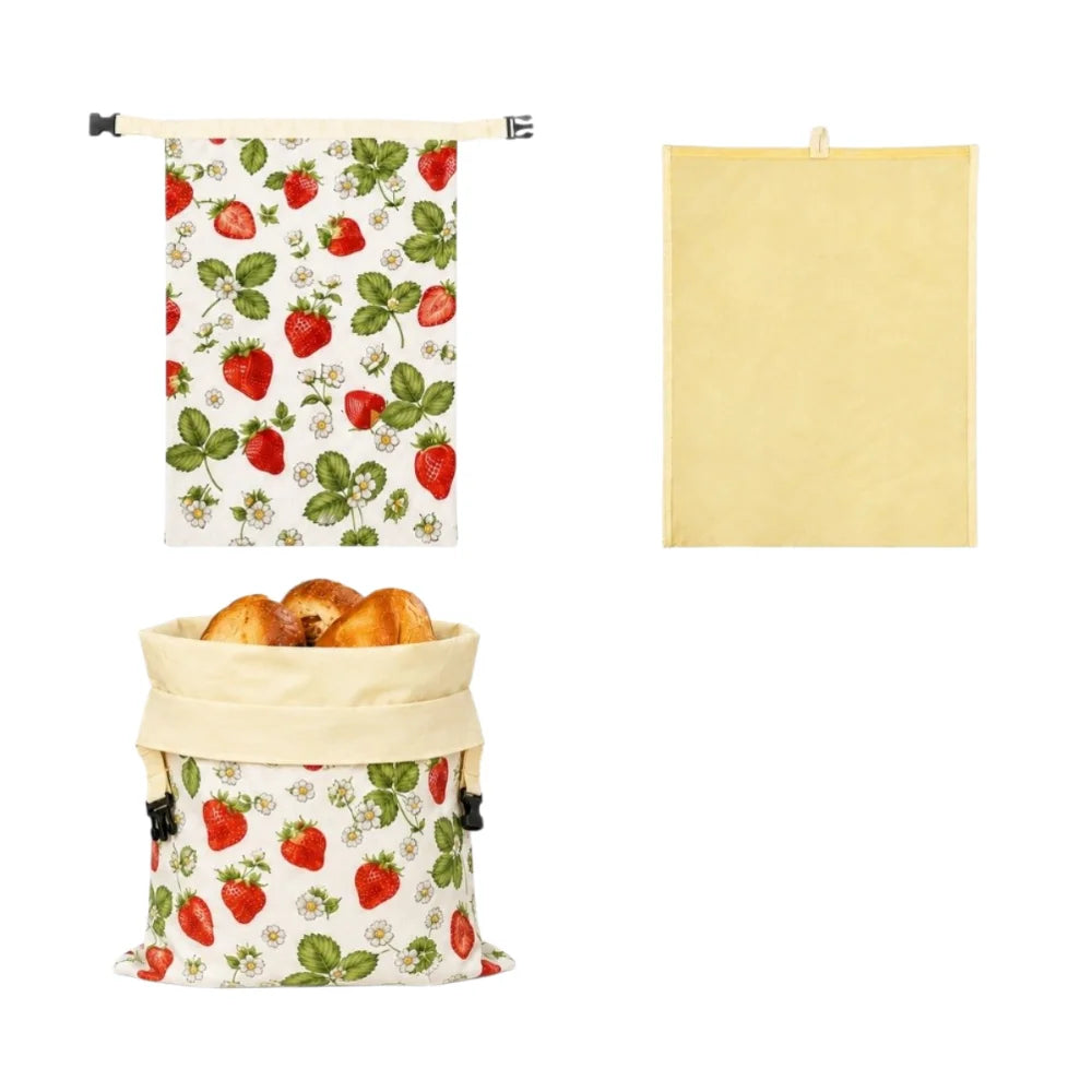 Linen Cotton Beeswax Bread Bags Removable Inner Bag Fruit Pattern Bread Storage Bag Lock Closure Beeswax Coated Bags for Baking