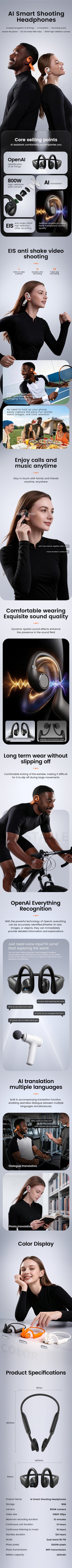 2026 New Smart Earphones Dynamic Sound Effects Music Bluetooth HD Calls 800W Smart Camera Real-time Translation Smart Earphones