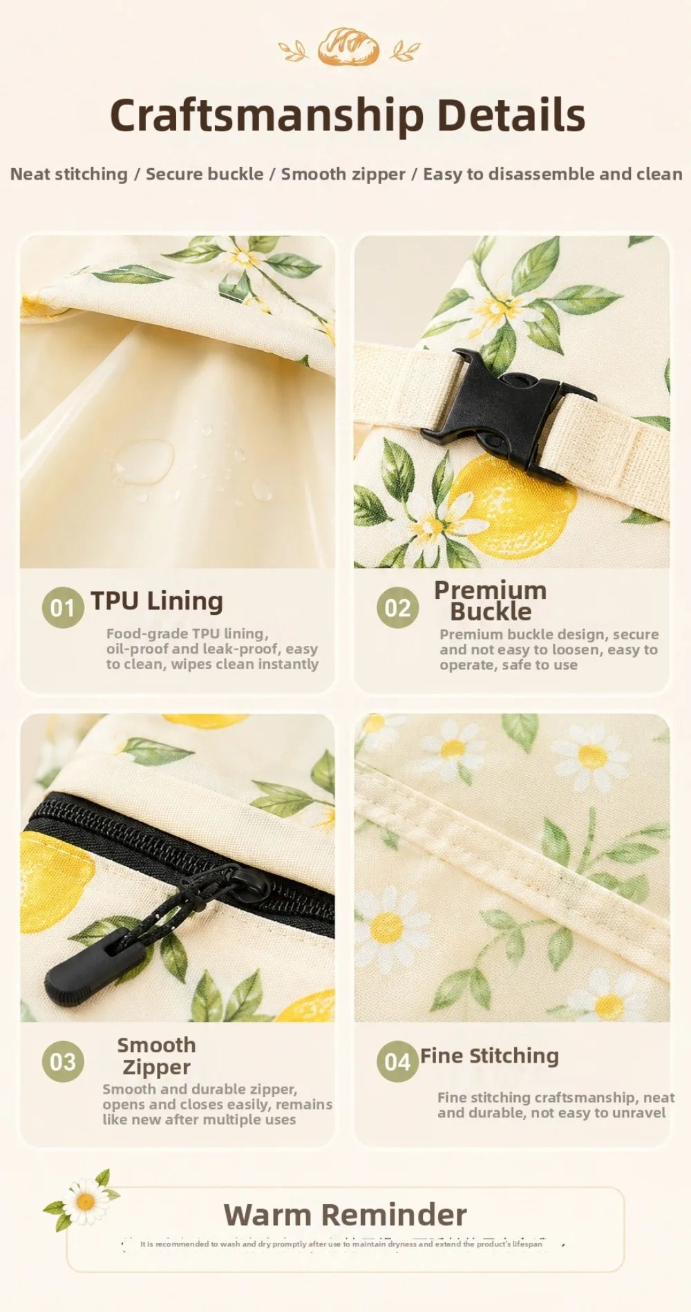 Linen Cotton Beeswax Bread Bags Removable Inner Bag Fruit Pattern Bread Storage Bag Lock Closure Beeswax Coated Bags for Baking