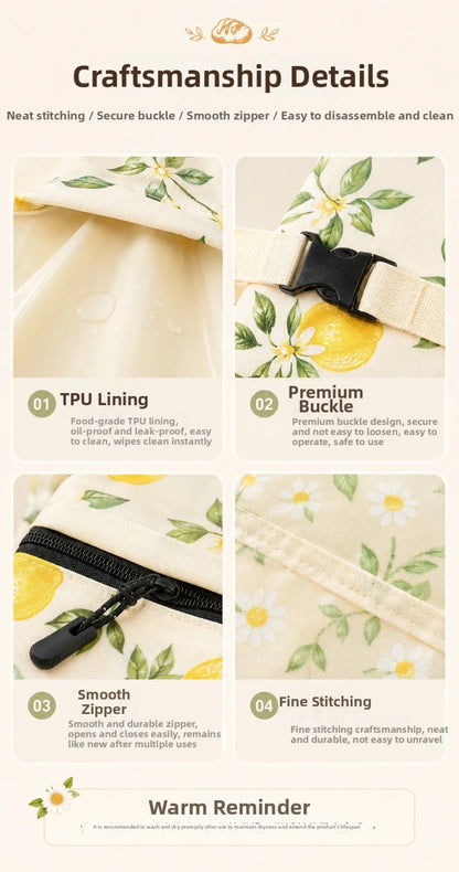 Linen Cotton Beeswax Bread Bags Removable Inner Bag Fruit Pattern Bread Storage Bag Lock Closure Beeswax Coated Bags for Baking