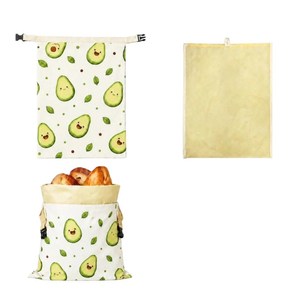 Linen Cotton Beeswax Bread Bags Removable Inner Bag Fruit Pattern Bread Storage Bag Lock Closure Beeswax Coated Bags for Baking