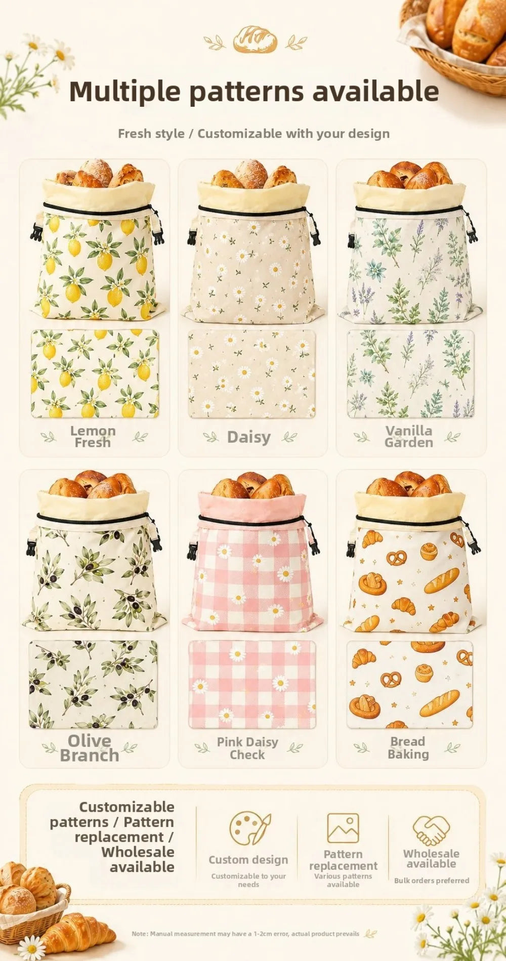 Linen Cotton Beeswax Bread Bags Removable Inner Bag Fruit Pattern Bread Storage Bag Lock Closure Beeswax Coated Bags for Baking