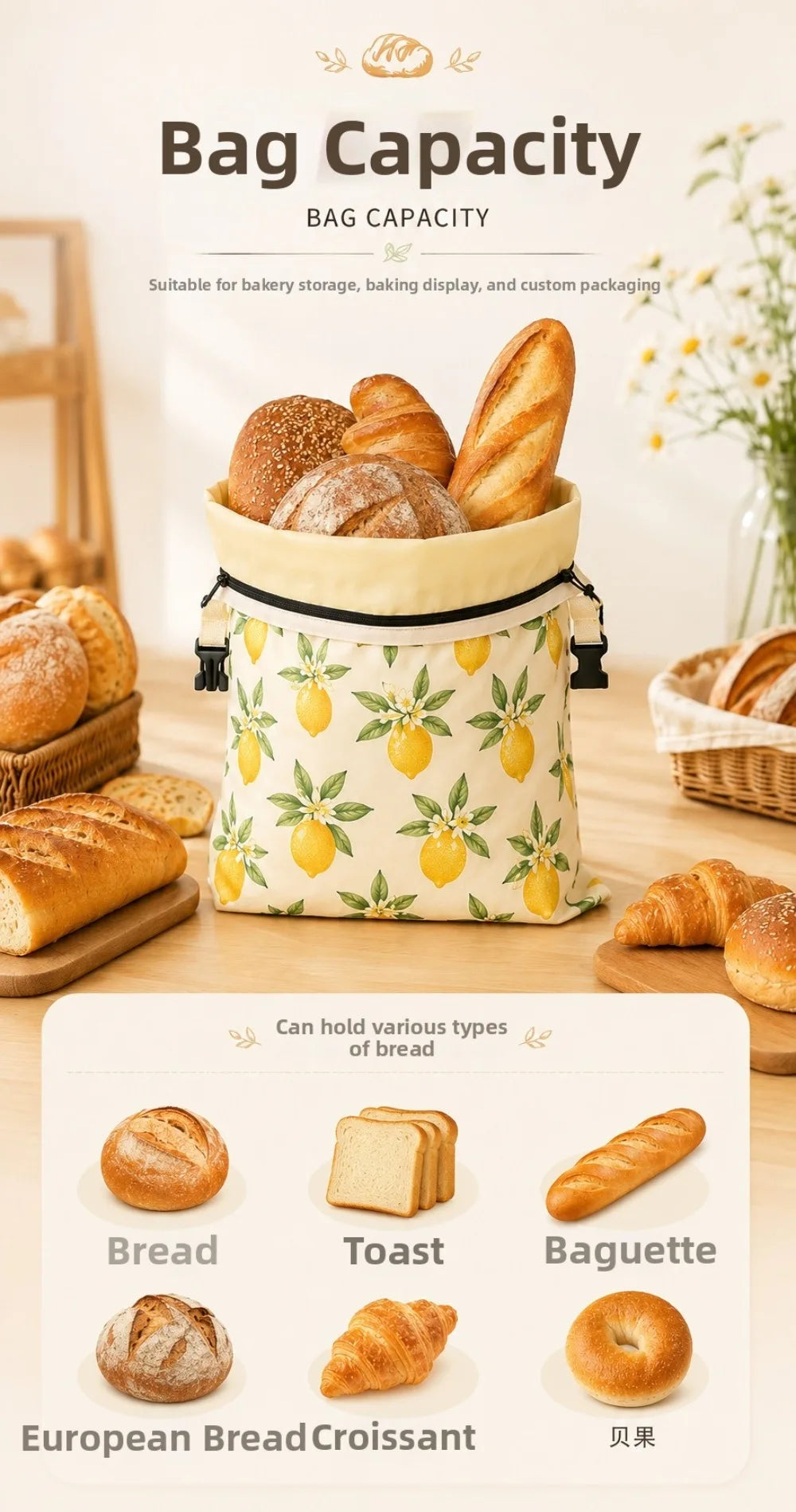 Linen Cotton Beeswax Bread Bags Removable Inner Bag Fruit Pattern Bread Storage Bag Lock Closure Beeswax Coated Bags for Baking