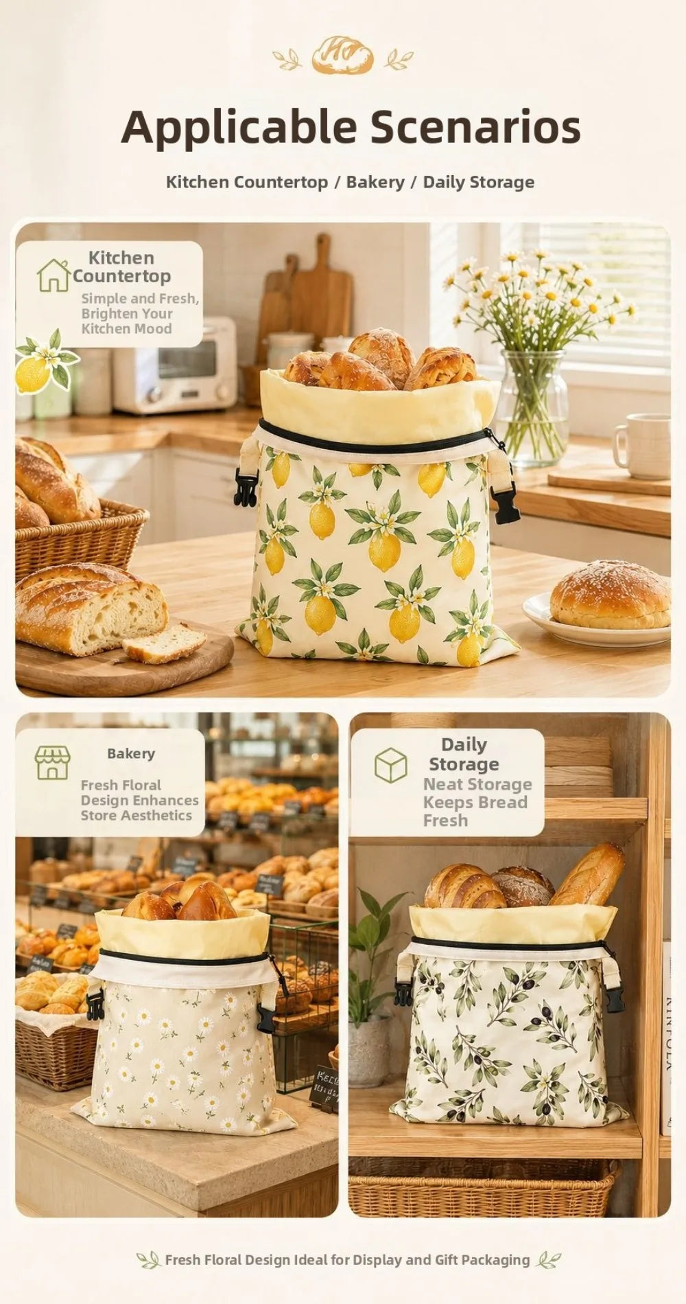 Linen Cotton Beeswax Bread Bags Removable Inner Bag Fruit Pattern Bread Storage Bag Lock Closure Beeswax Coated Bags for Baking