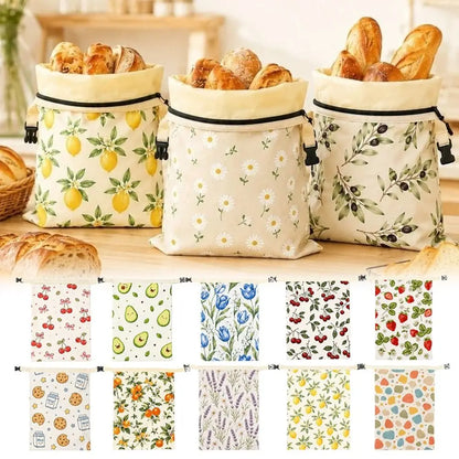 Linen Cotton Beeswax Bread Bags Removable Inner Bag Fruit Pattern Bread Storage Bag Lock Closure Beeswax Coated Bags for Baking