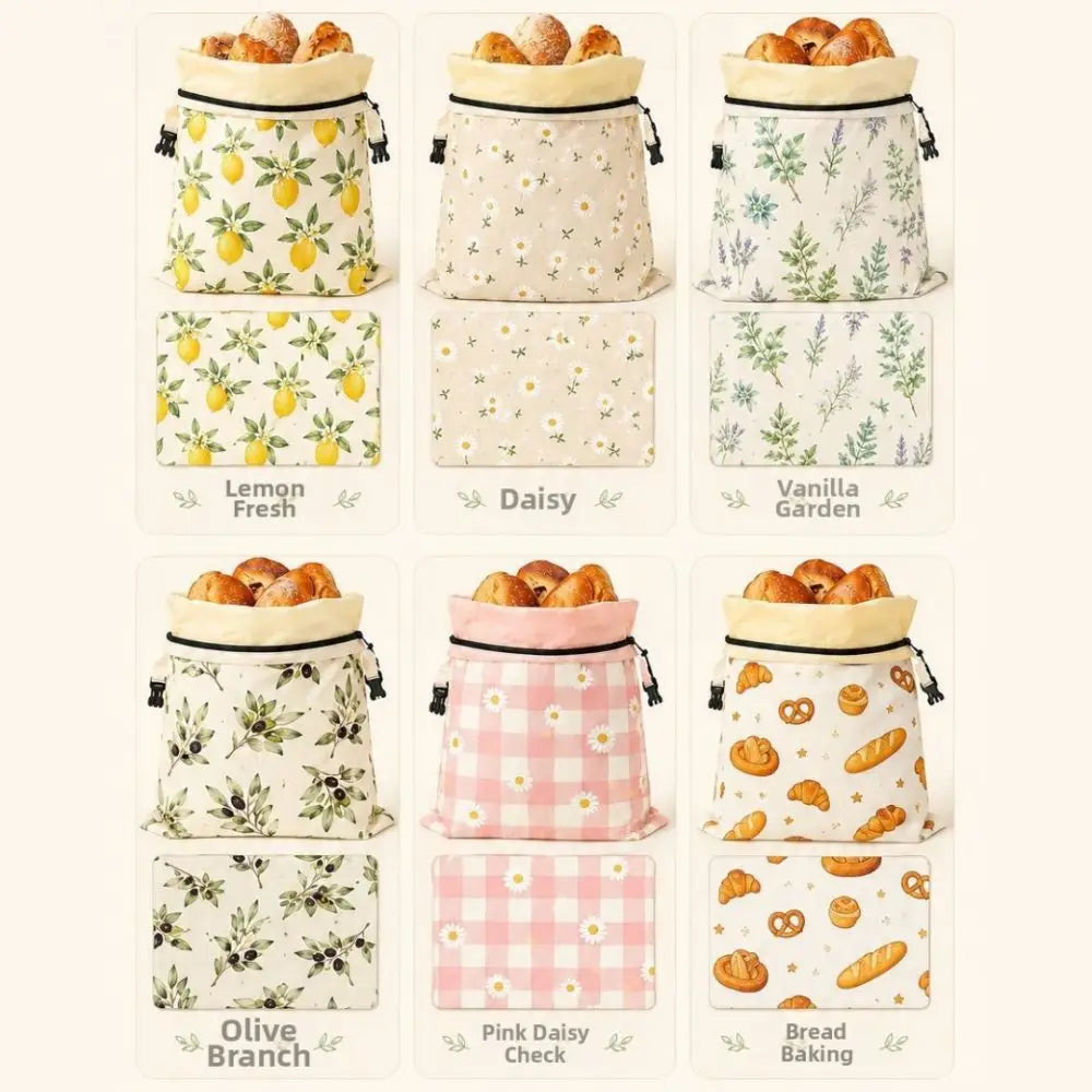 Linen Cotton Beeswax Bread Bags Removable Inner Bag Fruit Pattern Bread Storage Bag Lock Closure Beeswax Coated Bags for Baking