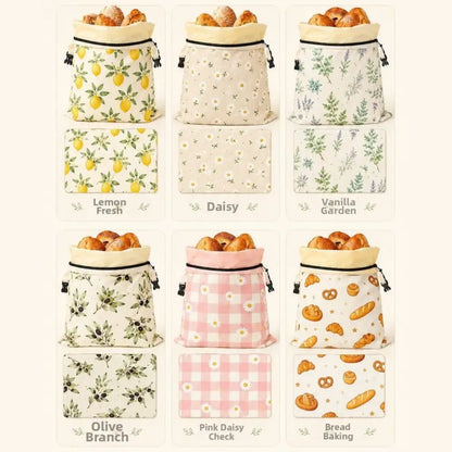 Linen Cotton Beeswax Bread Bags Removable Inner Bag Fruit Pattern Bread Storage Bag Lock Closure Beeswax Coated Bags for Baking