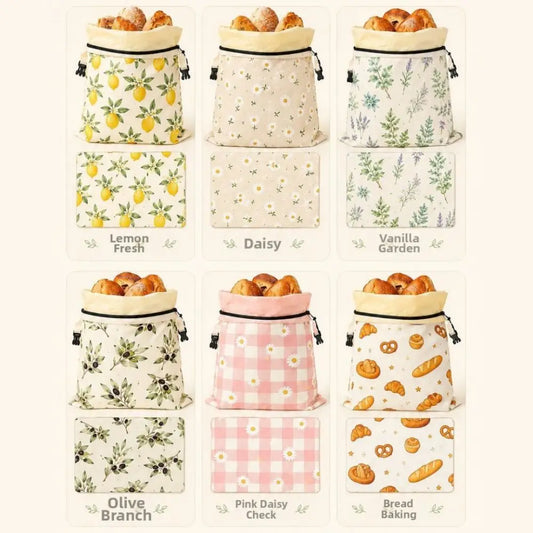 Linen Cotton Beeswax Bread Bags Removable Inner Bag Fruit Pattern Bread Storage Bag Lock Closure Beeswax Coated Bags for Baking