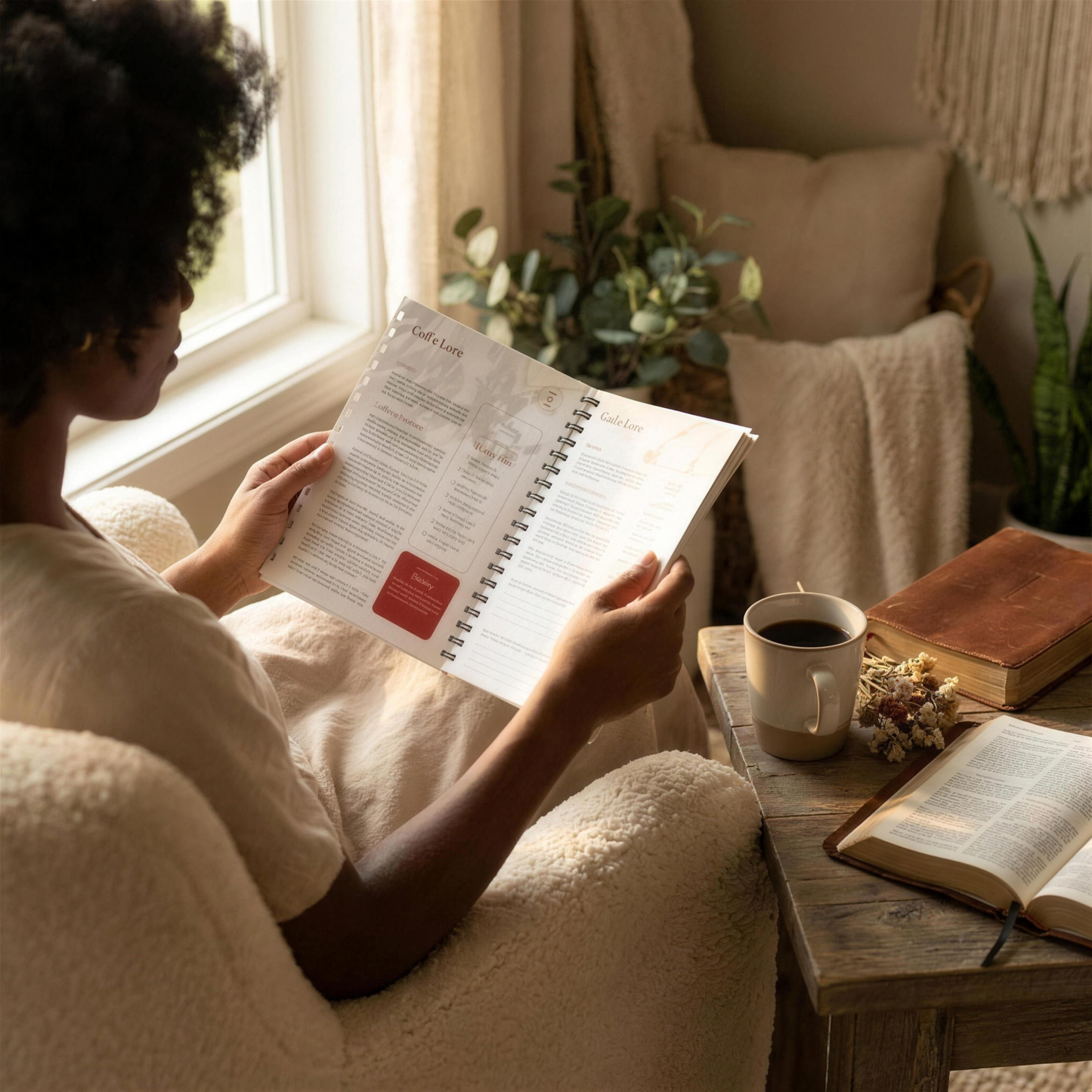 Woman reading the 52-Week Bible Study journal in morning light