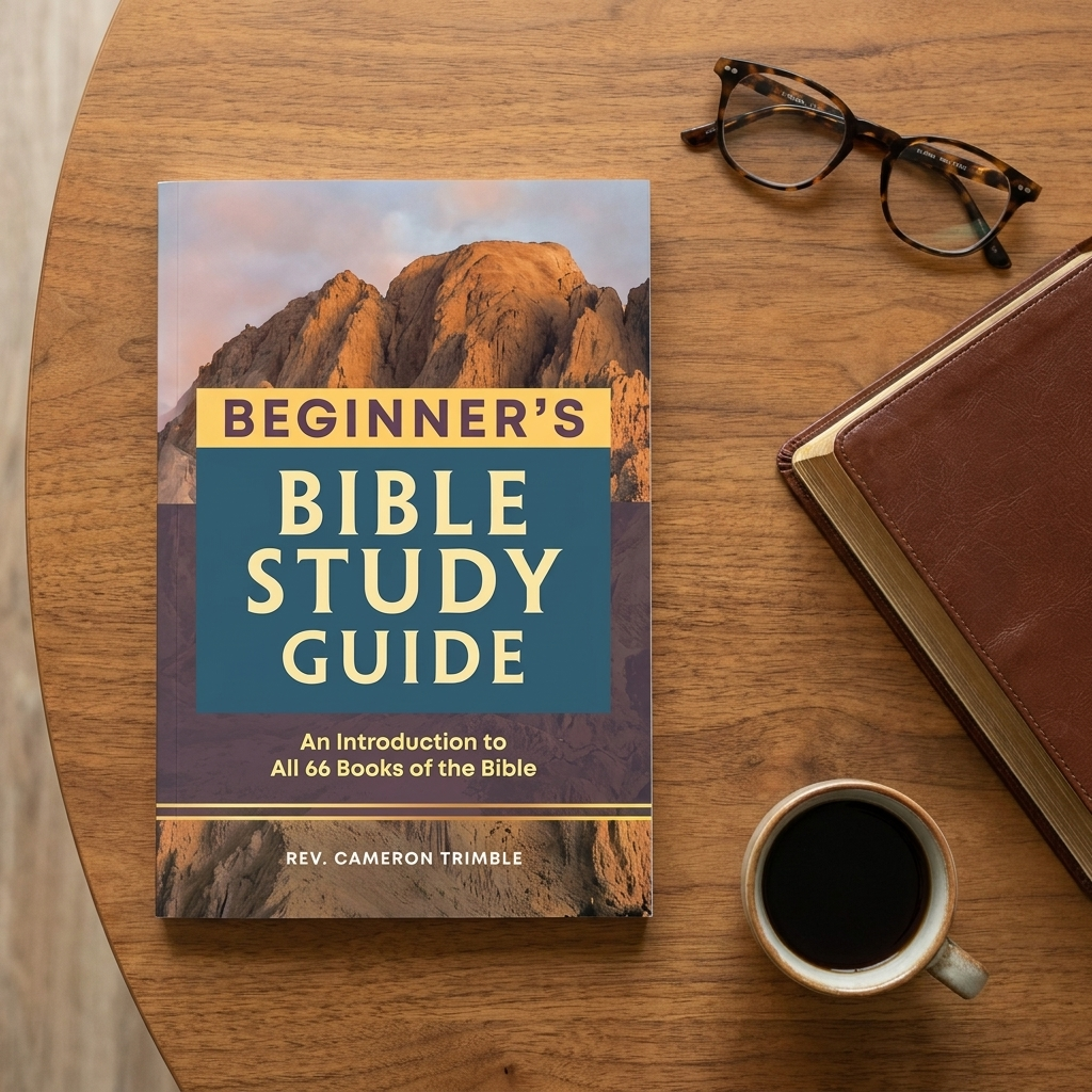 Flat lay of the Beginner's Bible Study Guide with a Bible, reading glasses and coffee