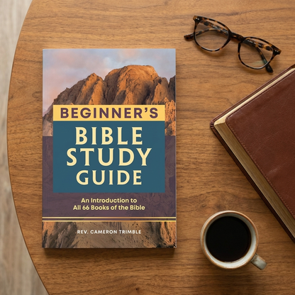 Flat lay of the Beginner's Bible Study Guide with a Bible, reading glasses and coffee