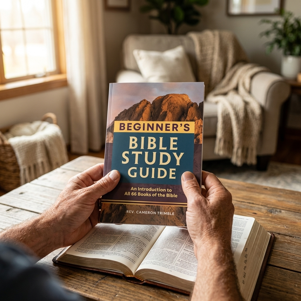 Hands holding the Beginner's Bible Study Guide above an open Bible